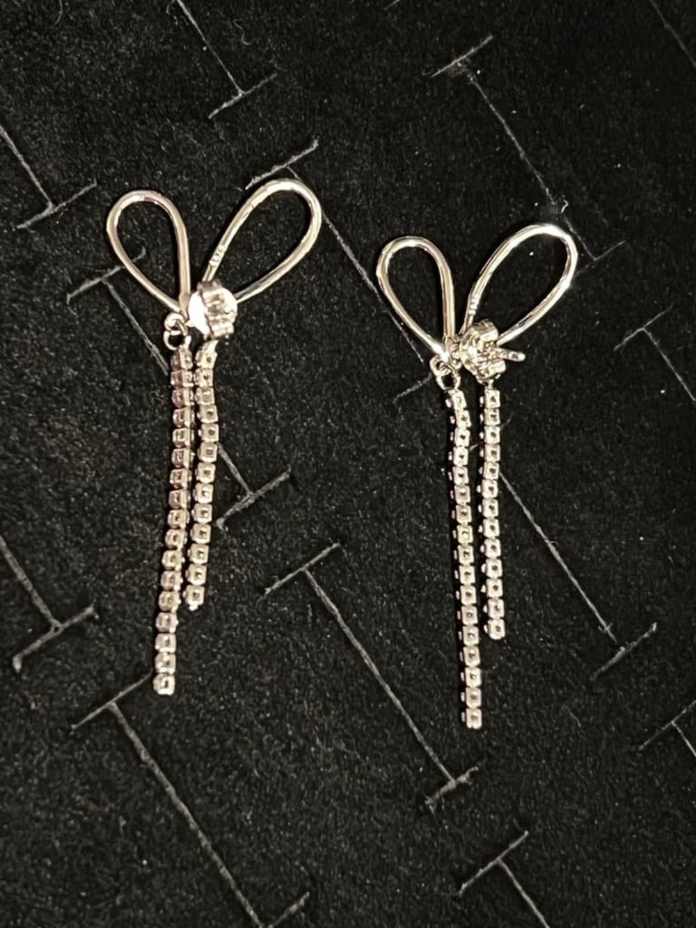 Silver Bow Drop Earrings with Rhinestone Tassels